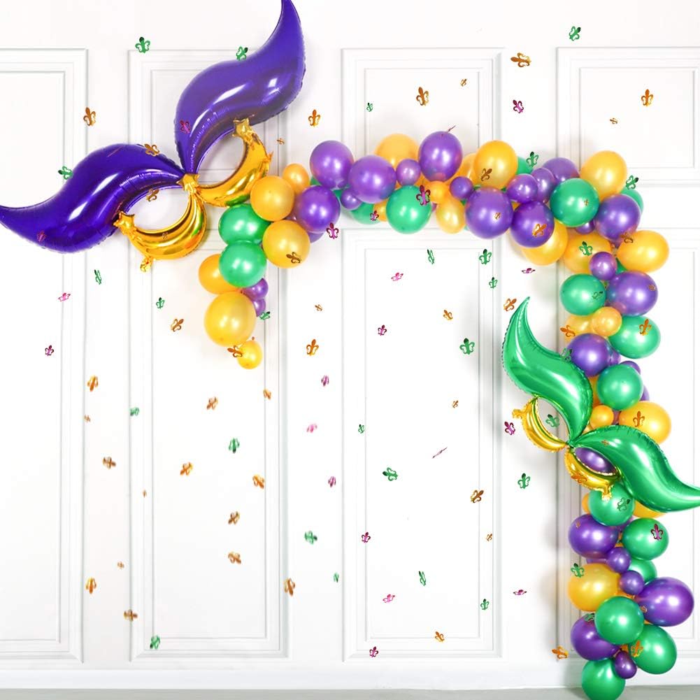 113 Pcs Mardi Gras Decorations Set Fat Tuesday, Tail Moon Balloons, Paper Confetti, Purple Green and Gold Balloon Garland Arch Kit for Birthday, Carnival, Mermaid, Vintage Party Supplies