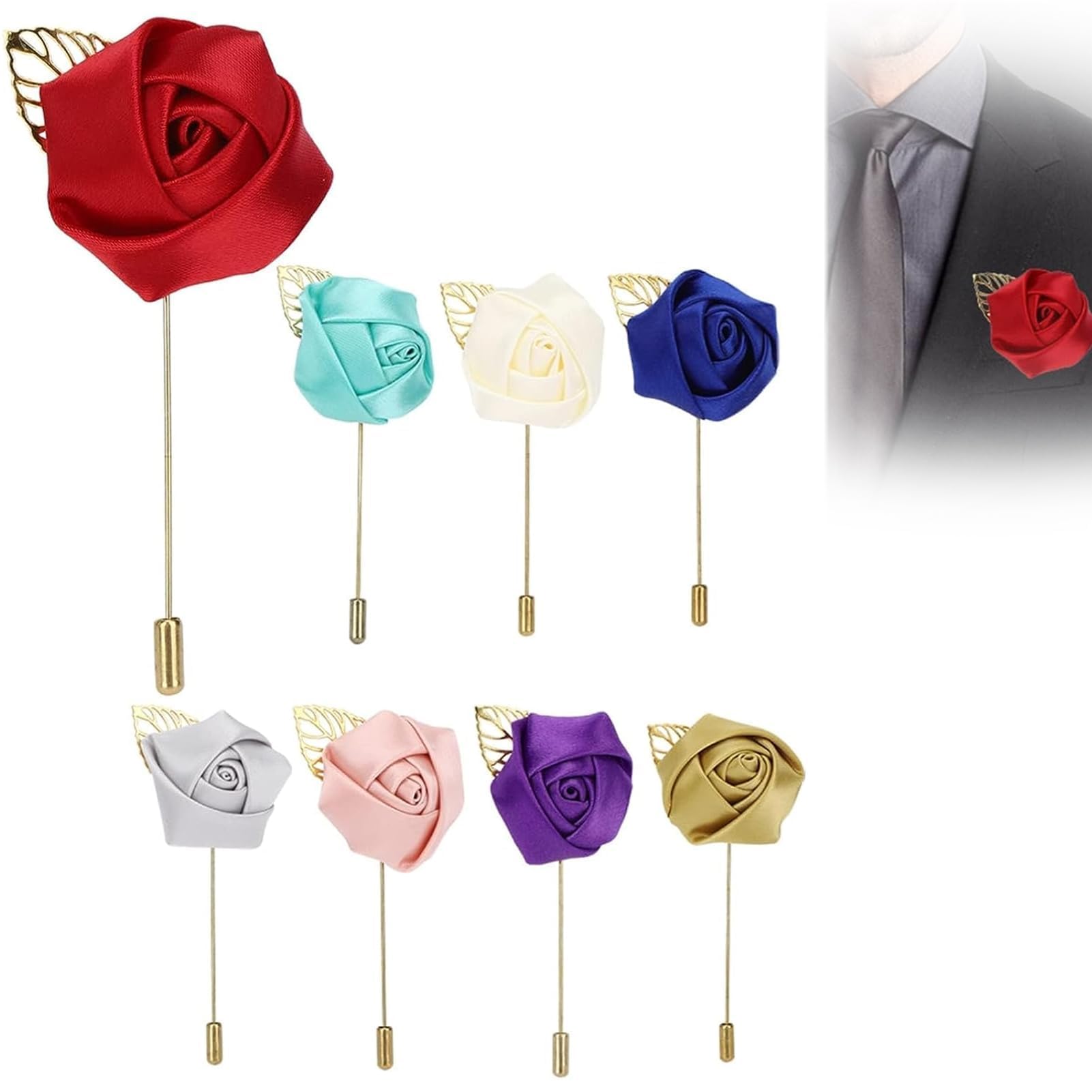 Juego de 8 Piezas de Ramillete de Rosas Artificiales de Seda, Pulsera, Boutonniere de Boda, Flores de Graduación, Pin de Boda para Mujeres, Hombres, Novio, 4 x 8,5 cm