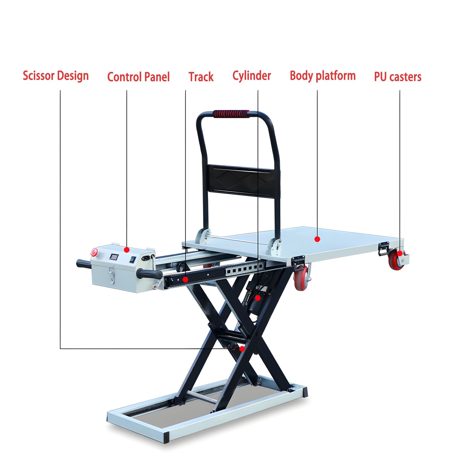 Carrello elettrico idraulico a forbice da 200 kg, altezza massima di sollevamento 80 cm, carrello piatto portatile per magazzino, officina e logistica, design compatto e resistente