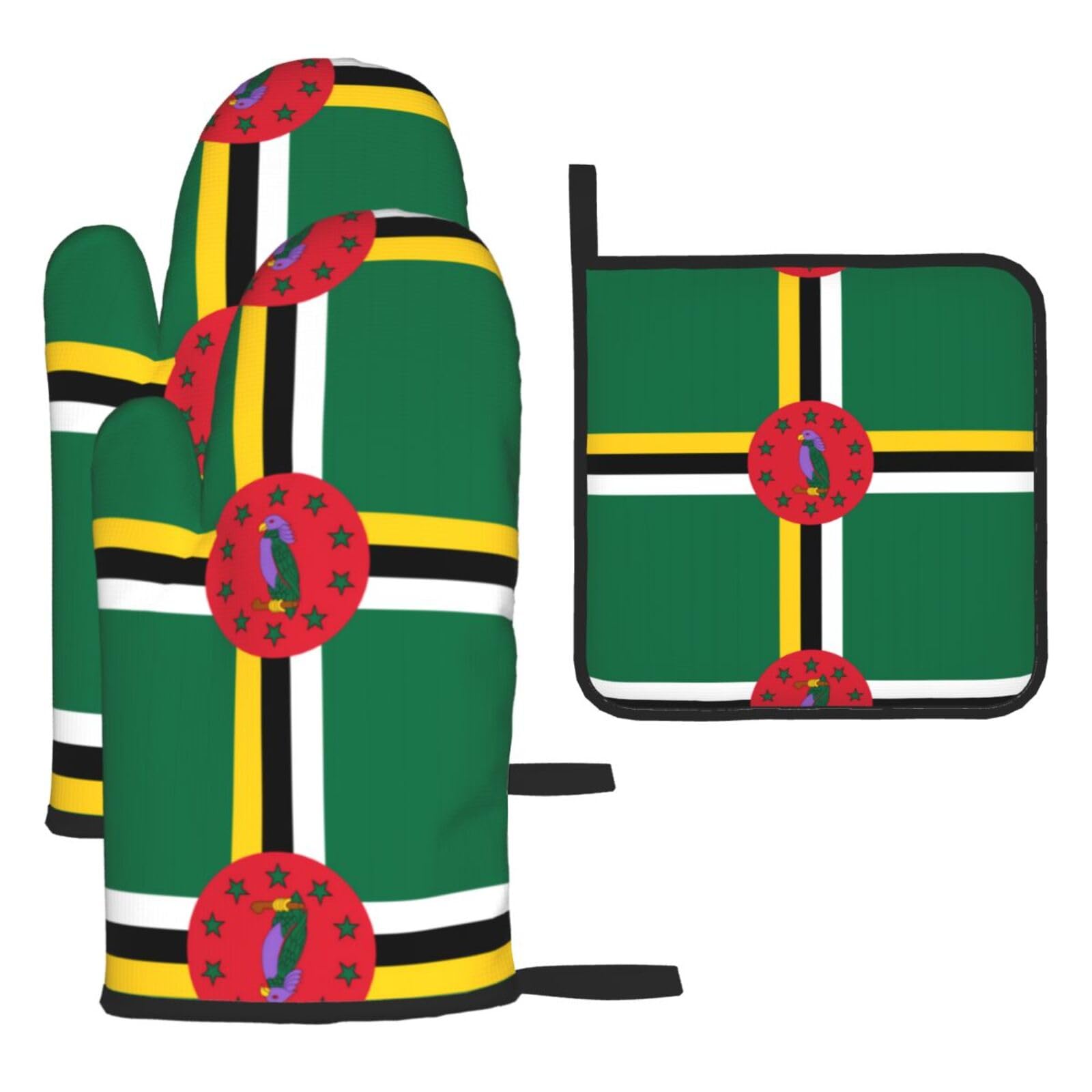 Flag of the Commonwealth of Dominica 3-Piece Oven Mitt Set - Printed Heat Resistant Gloves with Pot Holder Mat for Cooking Baking BBQ Grill - Polyester Kitchen Accessories