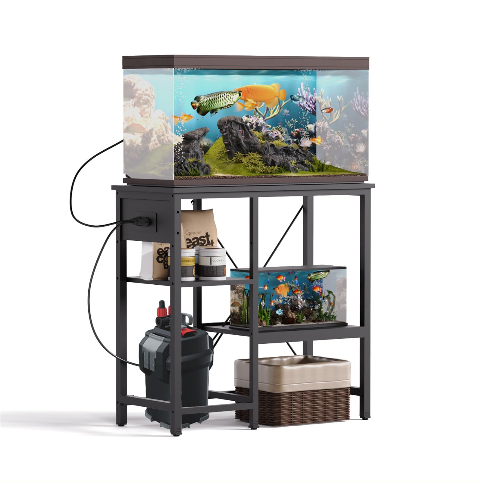 20-29 Gallon Fish Tank Stand with Power Outlet & LED Light, Metal Aquarium Stand with 3 Tier Adjustable Storage Shelves, Tank Stand for Reptile Tank, Turtle Tank, 30.7" L*13.8" W, Black