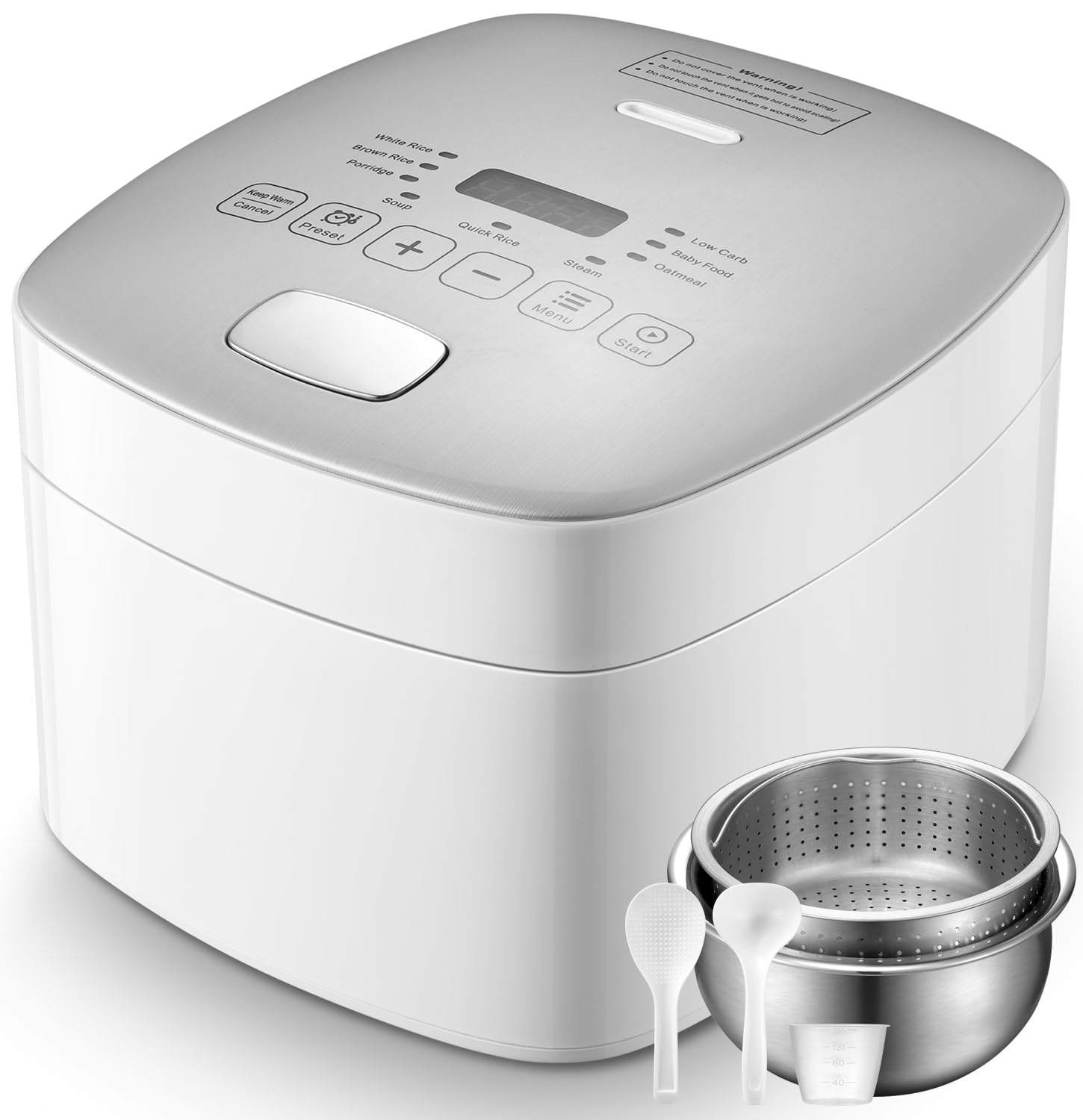 Photo 1 of Novaspark Low Carb Rice Cooker Stainless Steel Inner Pot, Mini Stainless Steel Rice Cooker Small 5 Cup, LED Display Low Sugar Rice Maker, 24H Timer and Auto Keep Warm, White Rice/Porridge/Oatmeal