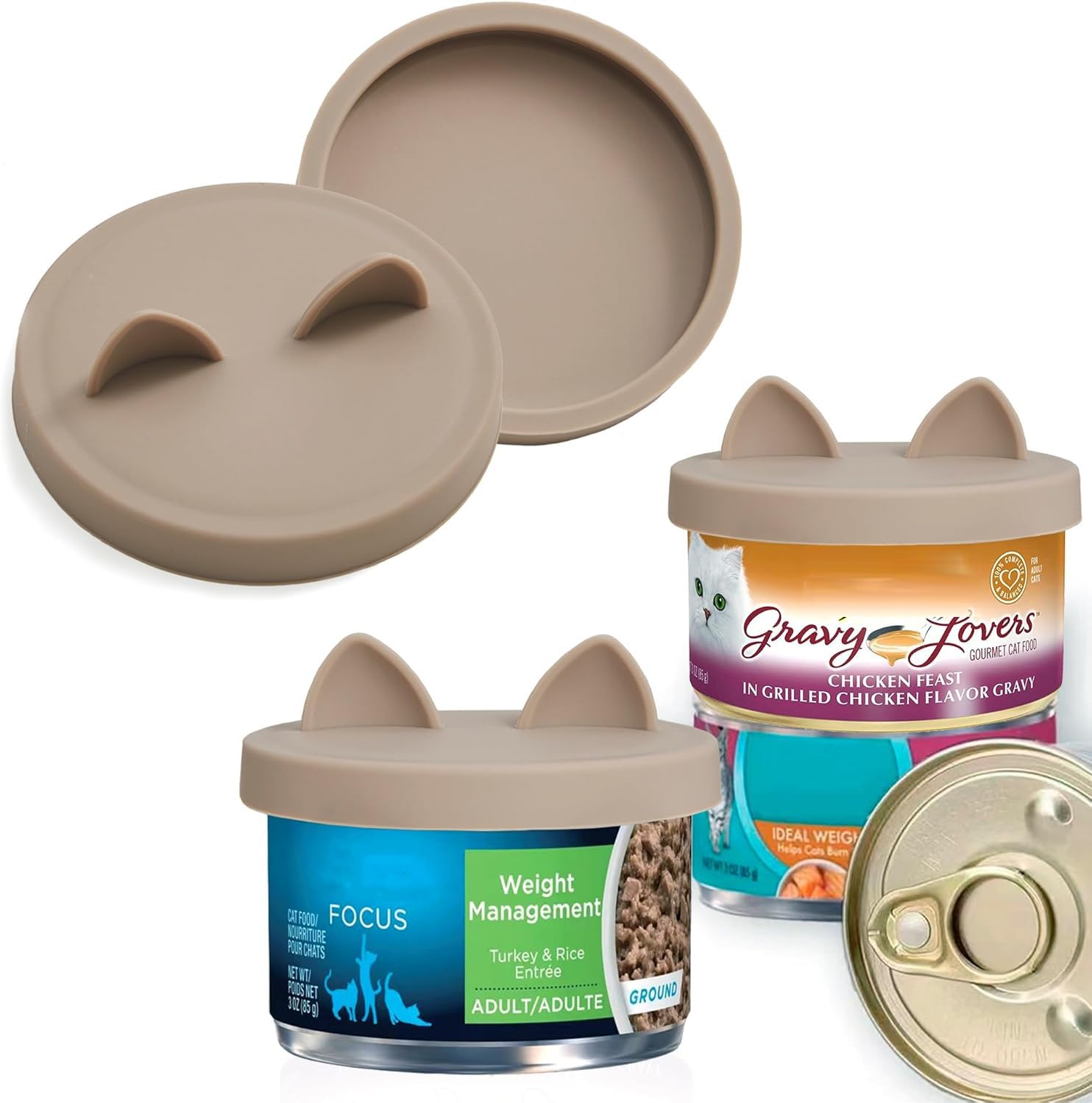 OHMO Couvercle Silicone Alimentaire, Couvercles Conserve en Silicone sans BPA de Petite Taille pour Aliments pour Chats et Chiens(70-85 g), Beige, Set de 2