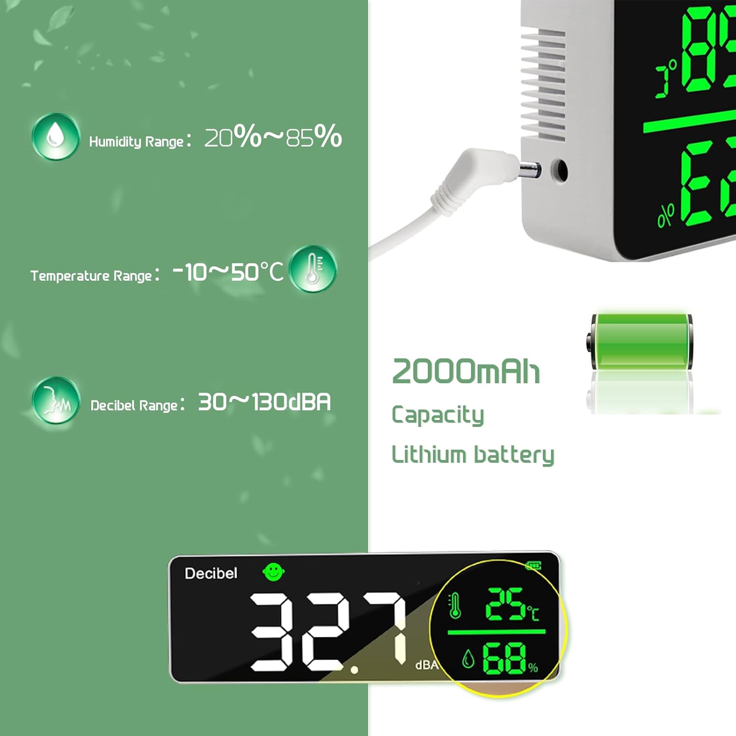 Decibel Meter, Wall Hanging Sound Level Meter, Noise Decibel Meter, 3 in 1 Noise Temperature Humidity Meter, 30 to 130dB Range, with 11in Large LED Display Screen, for Classroom