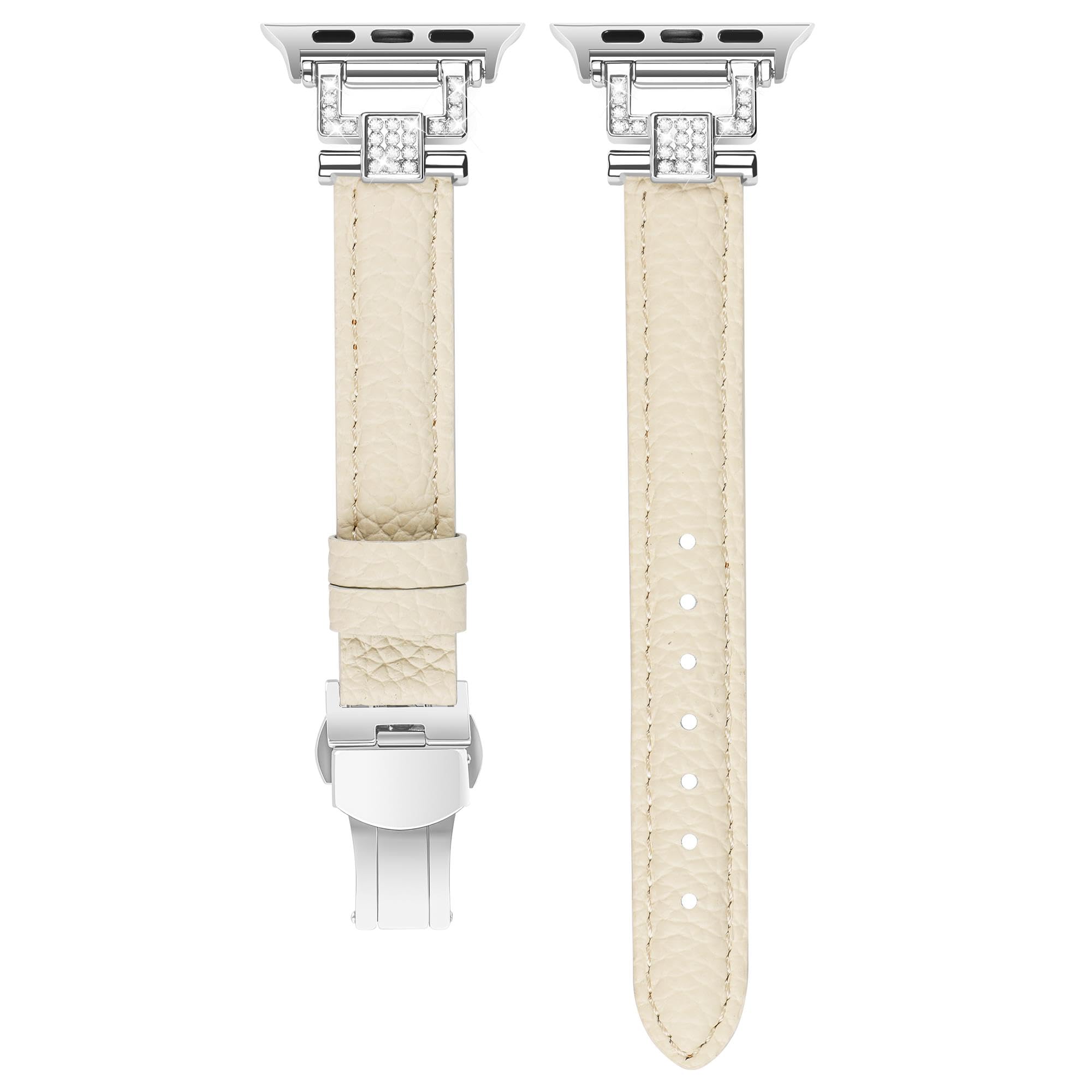 Bracelet en cuir de luxe compatible avec Apple Watch pour femme 44 mm, 45 mm, bracelet fin classique avec boucle papillon en métal pour iWatch Series 9 8 SE 7 6 5 4 3 2 1 blanc cassé