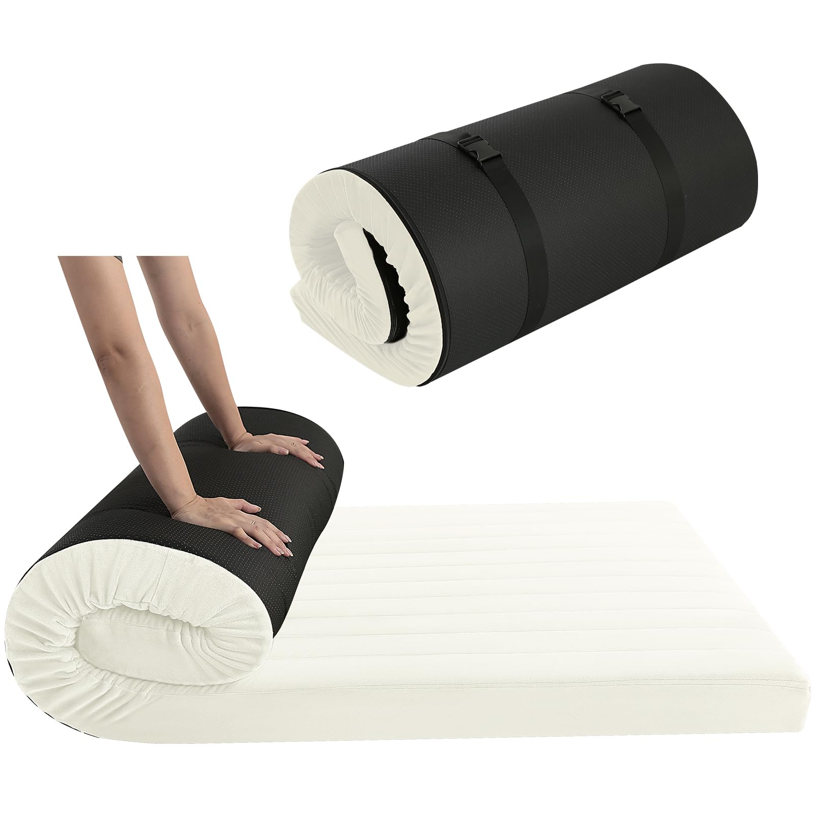 MeMoreCool Roll Up Floor Mattress Double, High Density Foam Portable Futon Foldable Mattress with Travel Bag, Floor Lounger Guest Sleep Mat for Travel, Car Tent, 190x135cm, Beige โ image 1