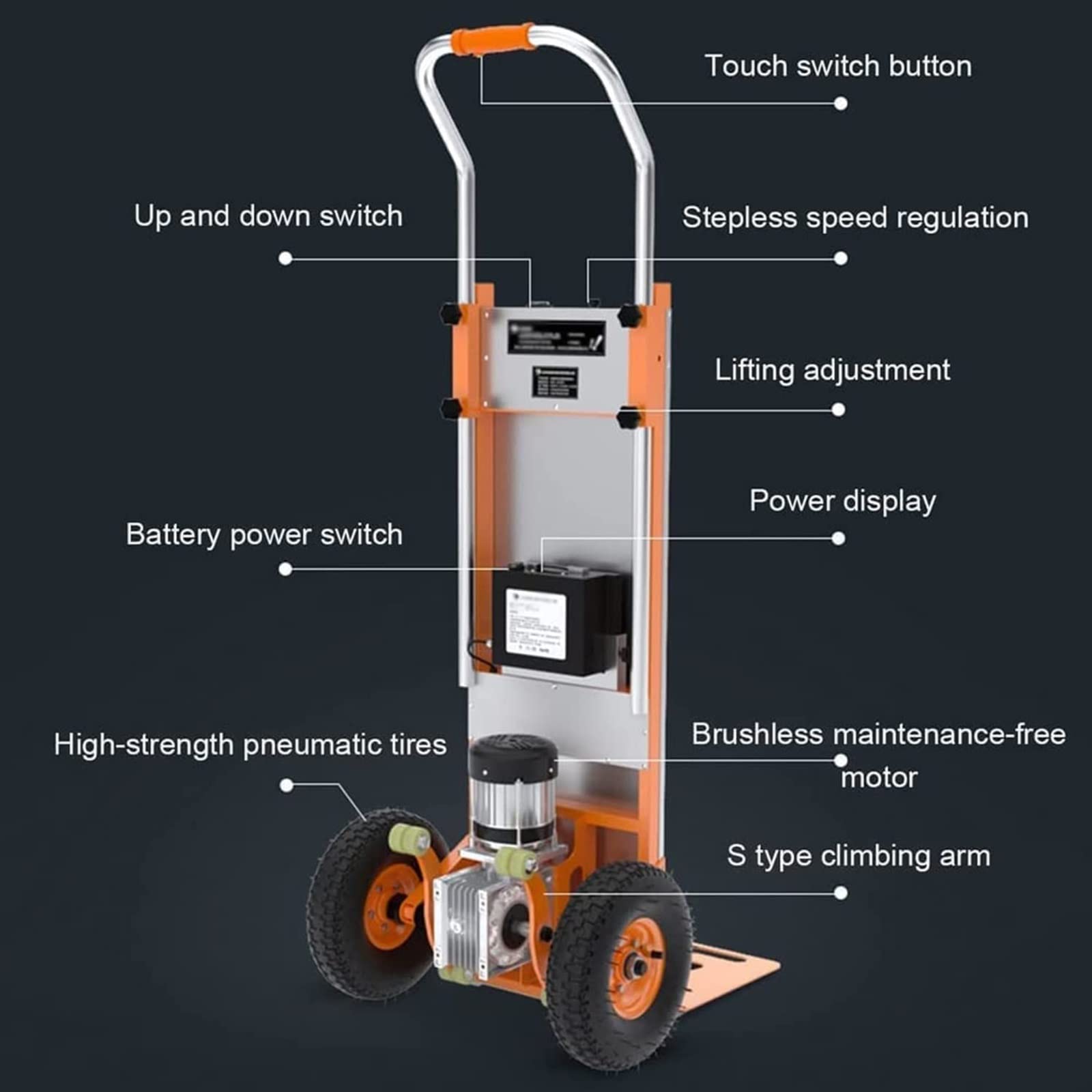 Carrello elettrico per risparmiare manodopera con carrello a mano per salire le scale, slittino per sacchi con capacità di 200 kg, braccio di supporto a forma di S, carrello conveniente e a