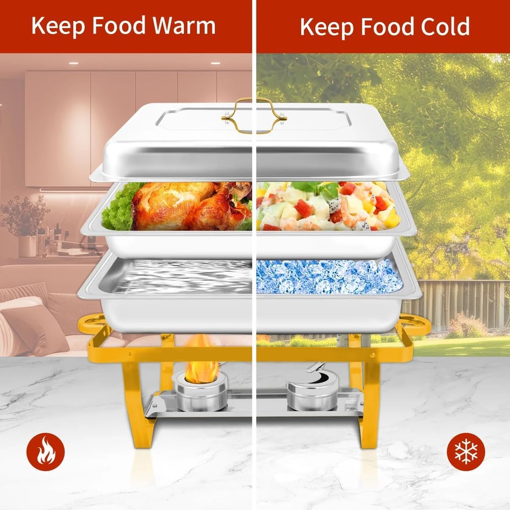 Juego de 4 platos de acero inoxidable de 9 cuartos de galón, con tapas y sartenes, calentadores de alimentos apilables con marco plegable, para fiestas, catering, eventos de vacaciones