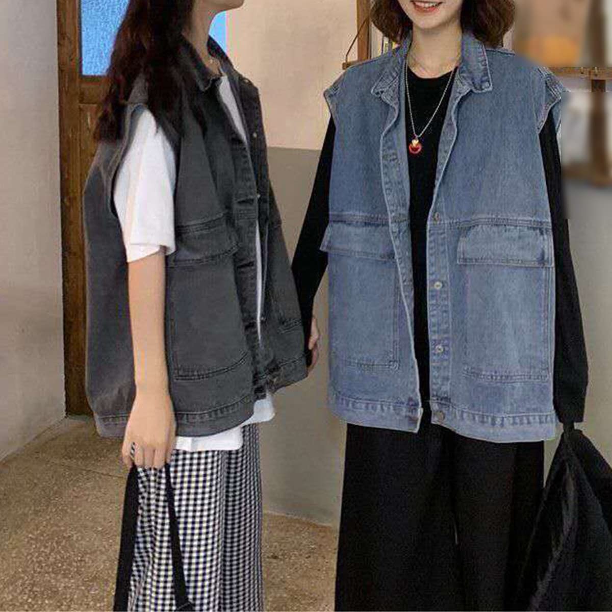 Canotta in denim blu da donna vintage grande tasca nero denim canotta senza maniche cardigan giacca, Blu, XL
