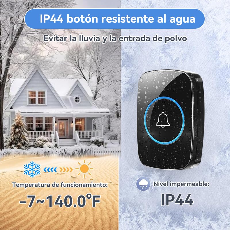Image of Waterproof Wireless Doorbell Kit, with 1 Transmitters and 2 Receivers, 60 Melodies, 5 Levels of Volume, LED Indicator, 300 Metres Range for Home, Offices, Hotels
