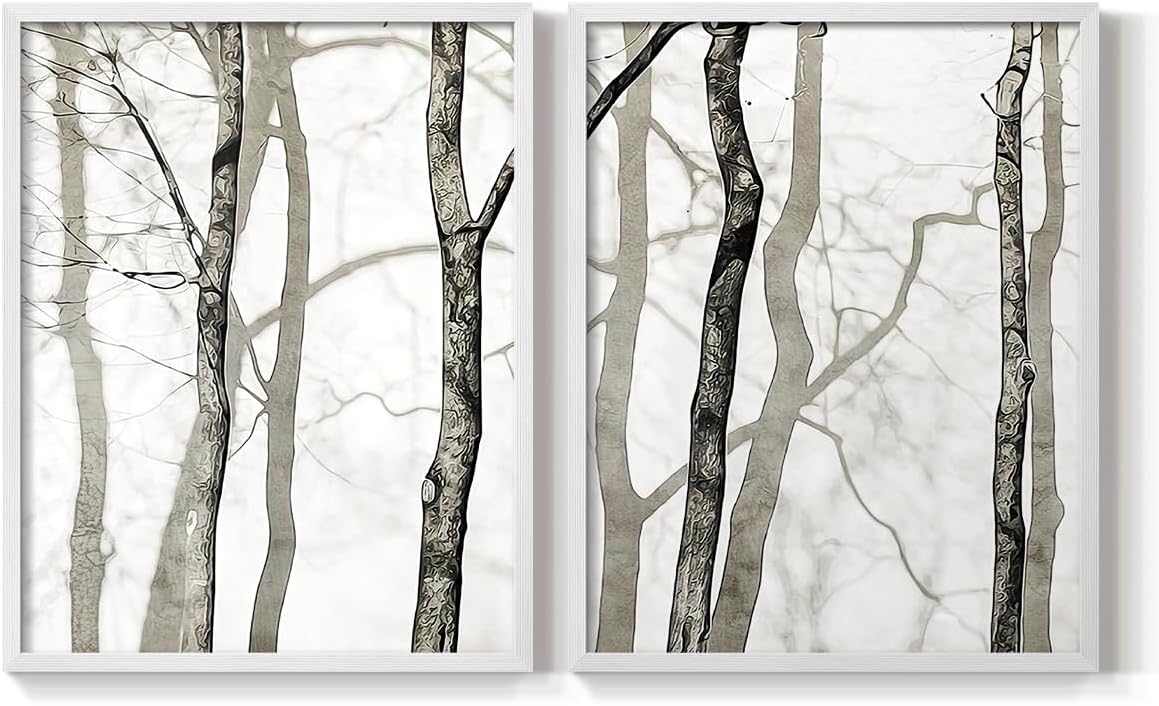 Renditions Gallery Set of 2 Peel & Stick Framed Prints, Abstract Wall Art, Bright Shadowed Tree Trunks Wall Decor, Re-Stickable - Ready to Hang - 16"x20" - White Frame LT585