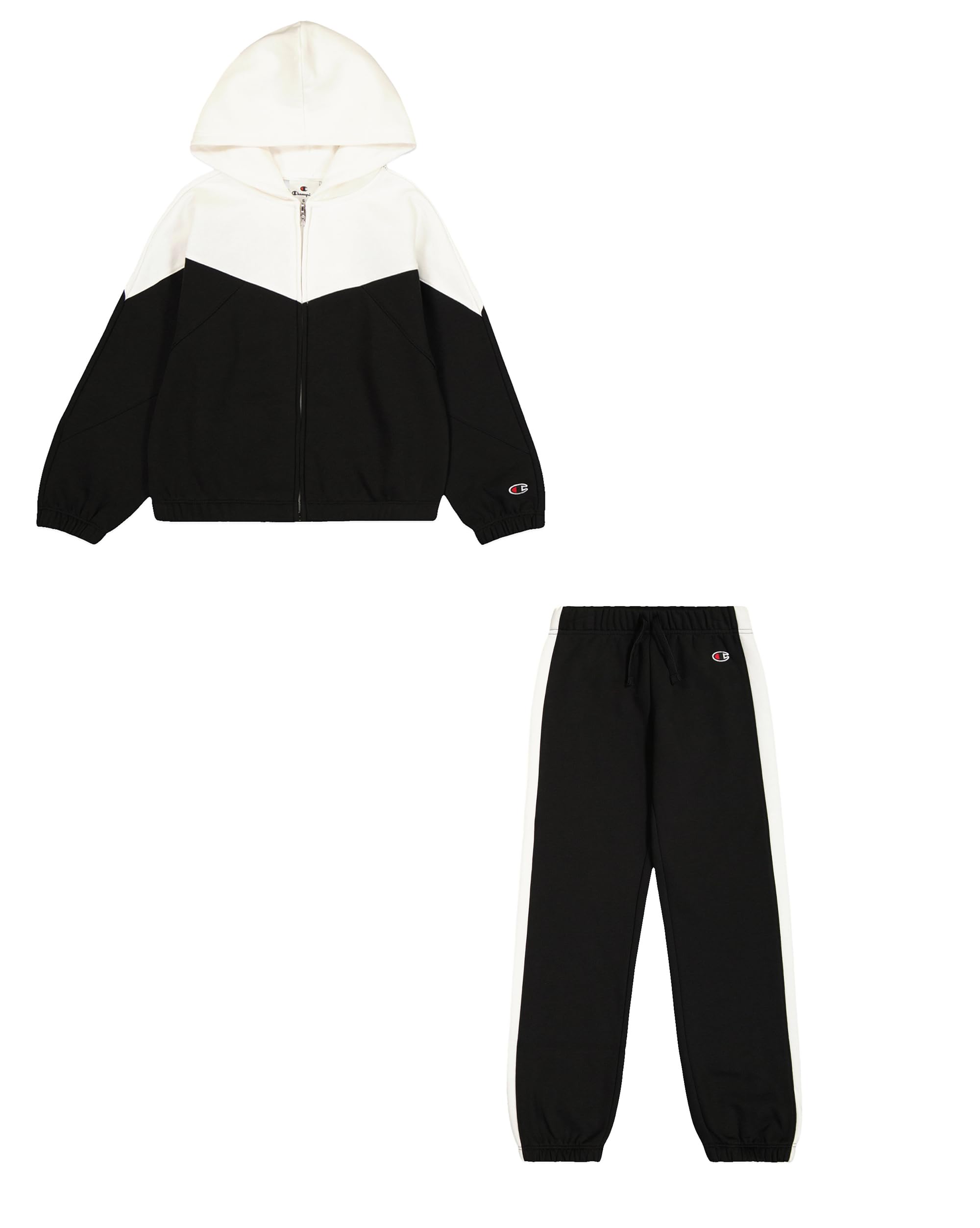 Champion Girl's Legacy Script Shop G (405046) - Ultra-light Soft Compact Powerblend Fleece Color Block Hooded tracksuit, Nero/Marshmallow (NBK/STR),