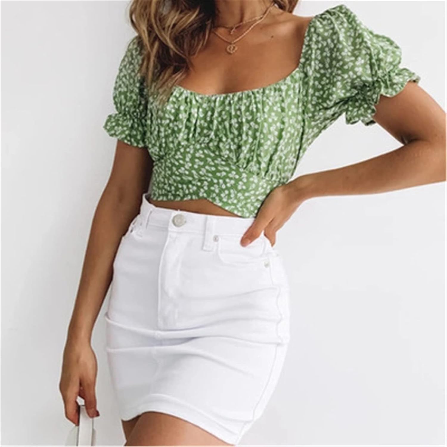 レディースショート丈半袖Tシャツ 女性の花柄の半袖夏のネッククロップブラウストップス 春夏 秋 (色 : 緑, Size : S)