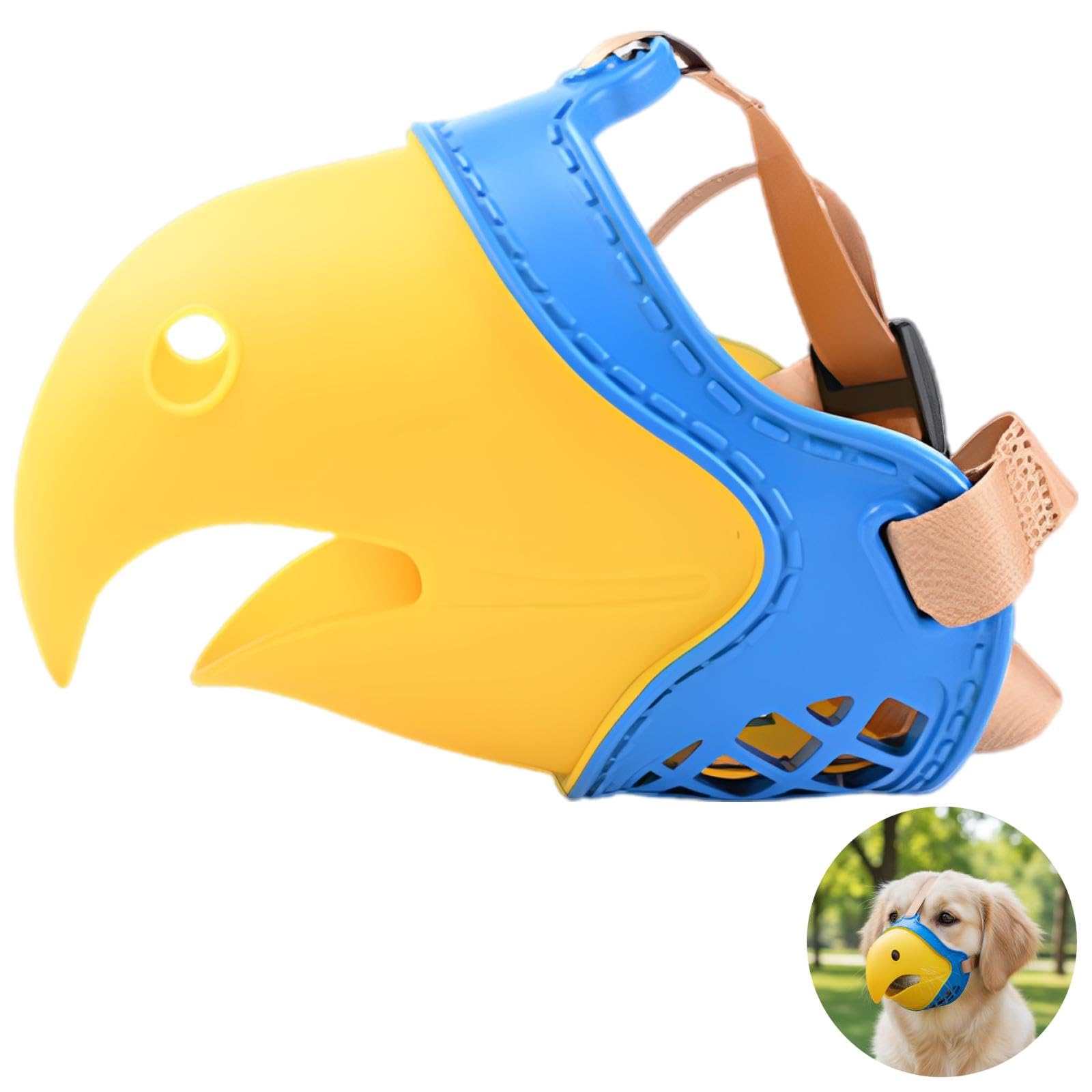 Muselière pour Chien en Forme de Perroquet, Bleu et Jaune, Taille 4, Dispositif en TPE, pour Limiter Les aboiements et Les mordillements, légère et aérée, pour Chiens de 5 à 7,5 kg