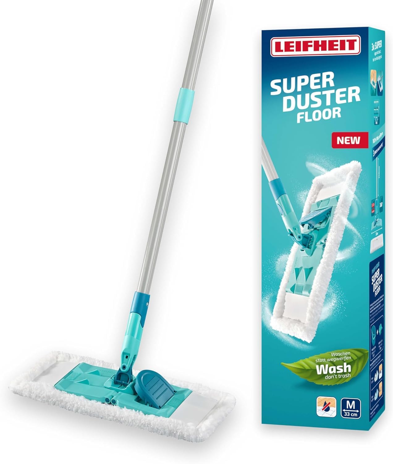 Leifheit Mop per la Polvere SUPERDUSTER Floor, 100% Microfibra | Lavabile fino a 100 volte a 40 °C, snodo 360°, larghezza 38 cm, manico 148 cm, compatibile con Click System e POWER CLEAN