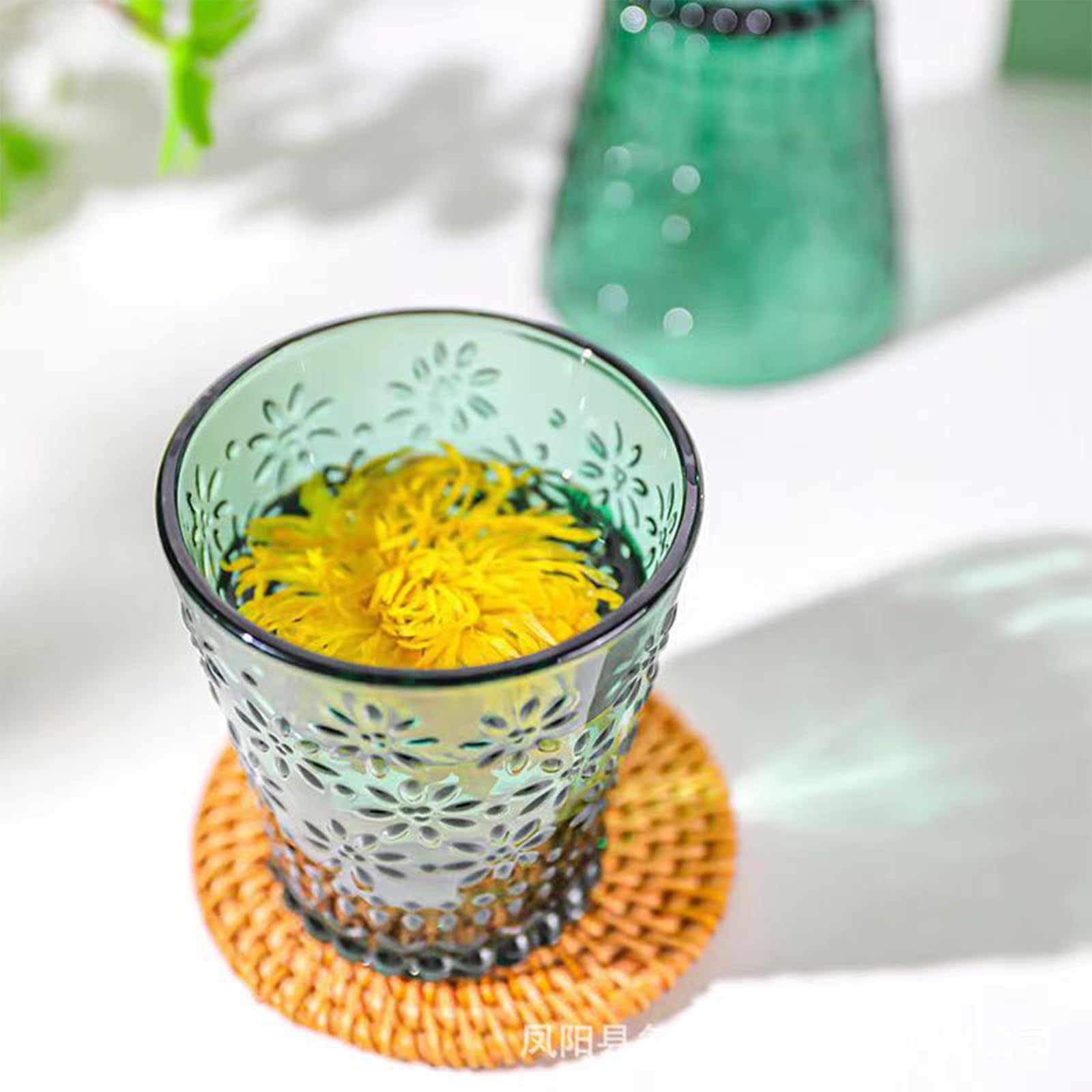 soulnioi Set of 6PC Green Coloured Water Glasses, Embossed Flower Drinking Glass for Tea Juice Beverages, 6pcs - Image 3