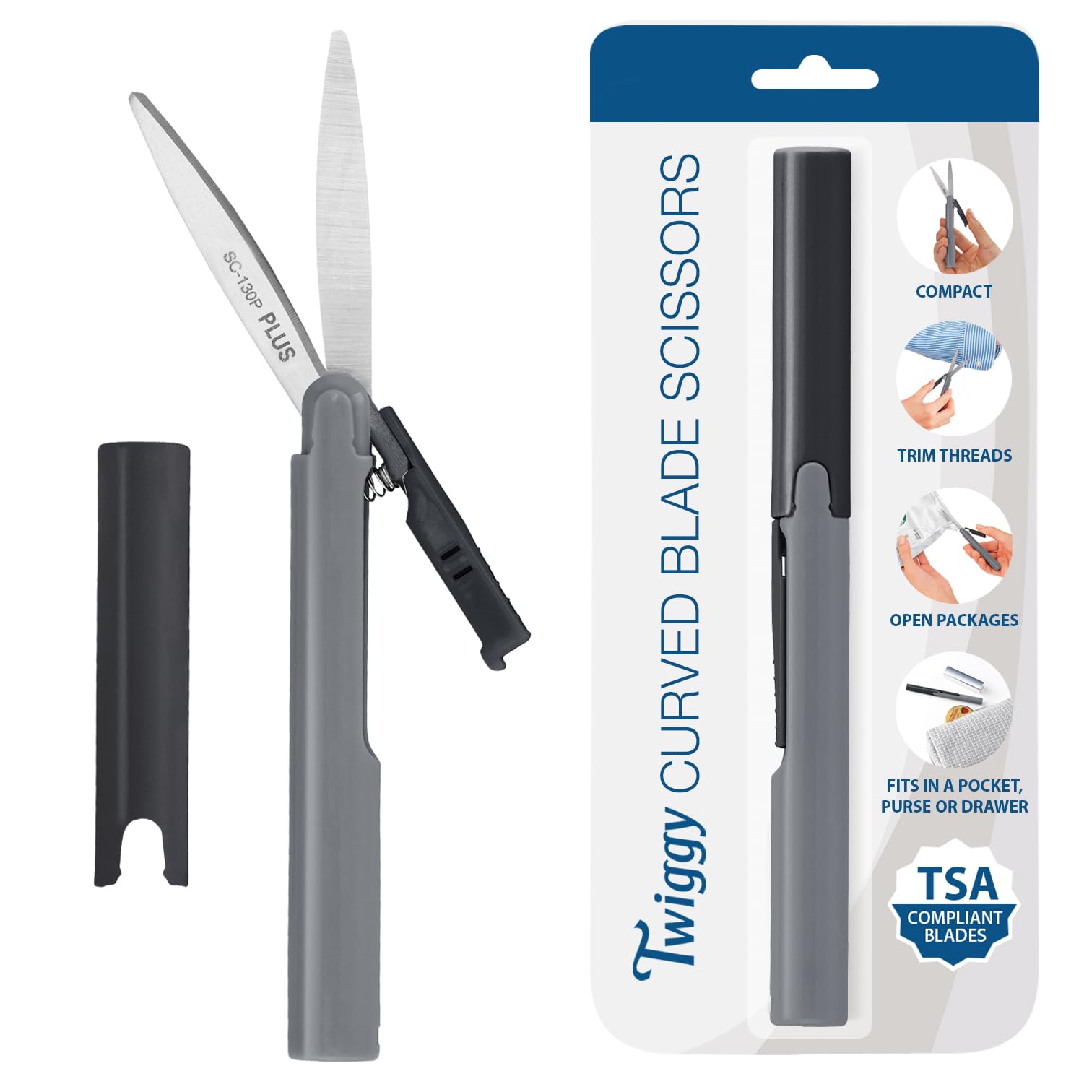 Pen Style Non-Stick Compact TSA Twiggy Scissors with Cover, Charcoal