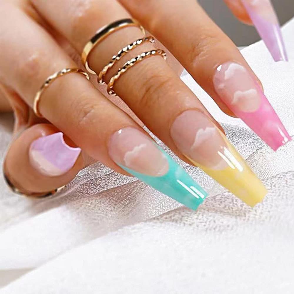 DaPlug Feilisa Long Coffin Fake Nails Luxury Clear Ballerina Clouds Press on Nail Acrylic Colorful Rainbow Glossy False Nails Tips for Women and Girls-24pcs (ABRainbow French), DaPlug