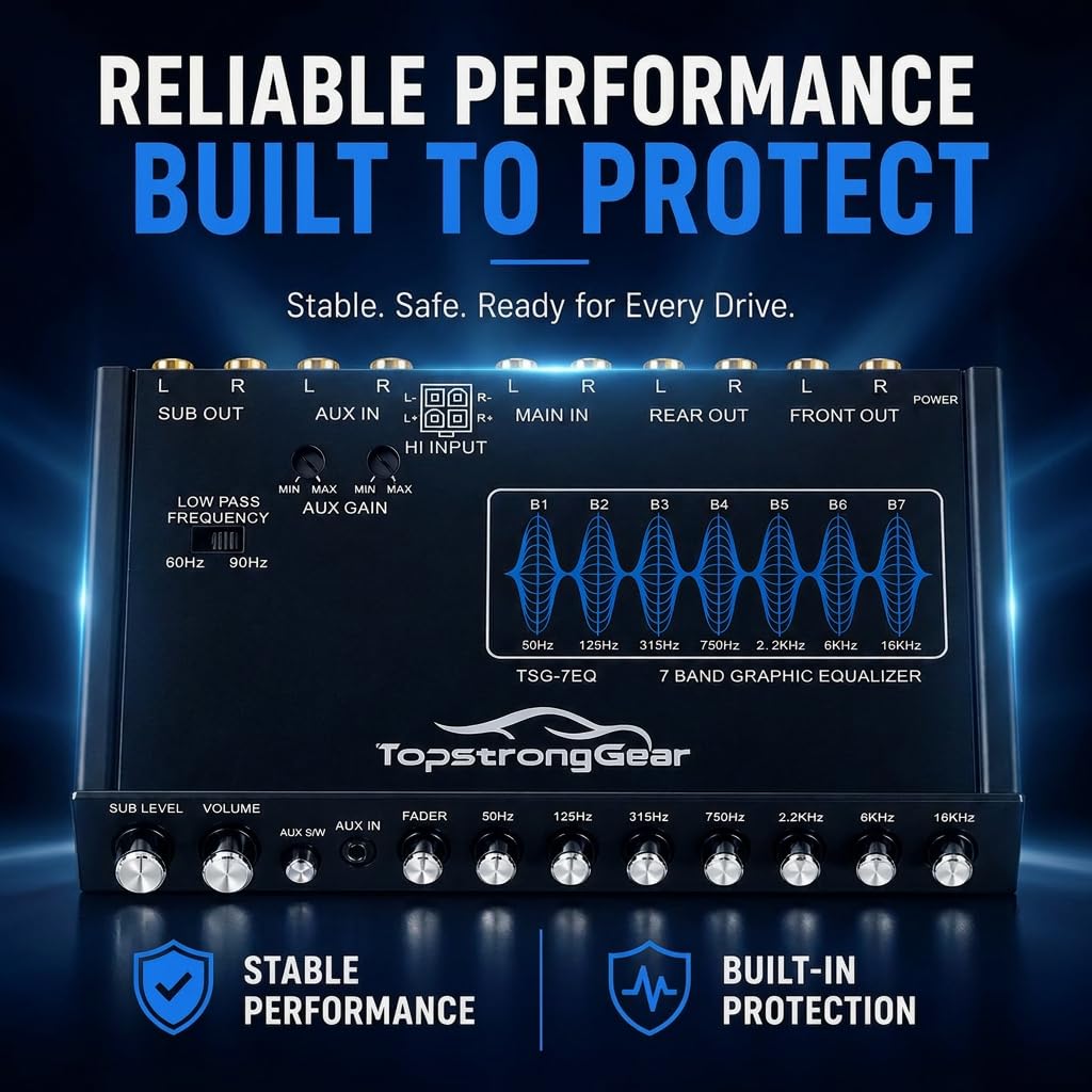 TOPSTRONGGEAR TSG7EQ - Ecualizador gráfico de audio para automóvil de 7 bandas con entrada auxiliar frontal de 3.5 mm, salidas RCA de alto voltaje y entradas de altavoz de alto nivel
