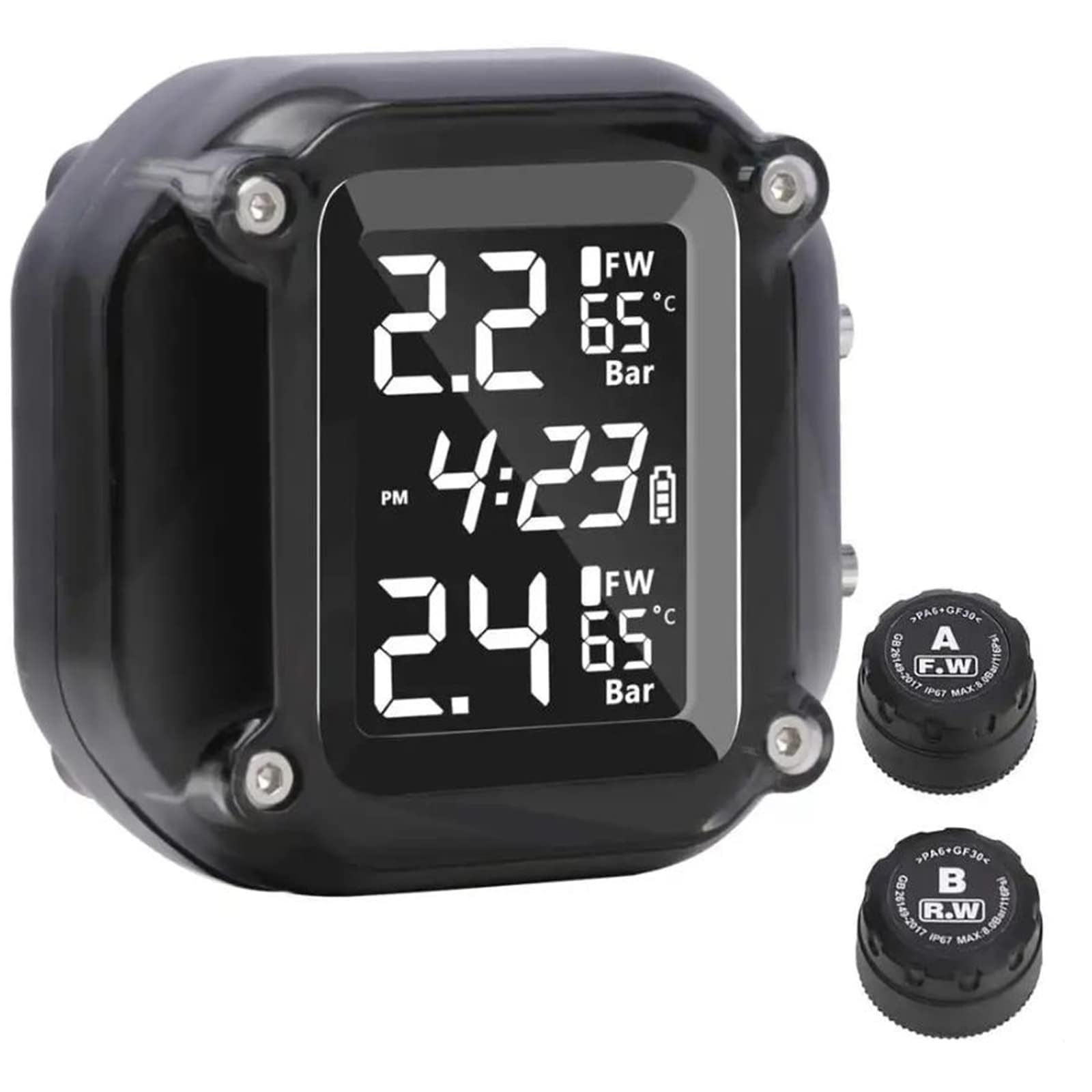 TPMS wireless per moto, 2 sensori esterni con display LCD, ricarica magnetica e allarme automatico per moto, e-bike e scooter