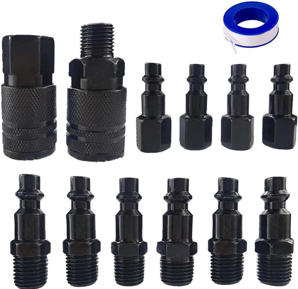 13-Piece Air Hose Fitting Kit with Quick Connectors, 1/4 Inch Black Plated Steel, for Air Tools and Compressors