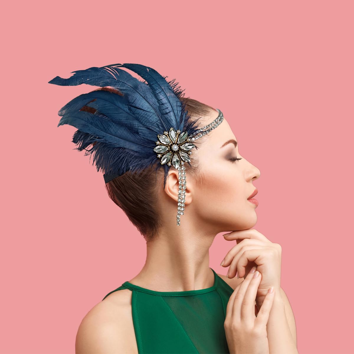 howkuhat Fascinators for Women Navy Headband 1920s Headband Great Gatsby Accessories Women Navy Fascinators for Weddings Vintage Feather Rhinestone Headpiece Wedding Accessories - Image 2