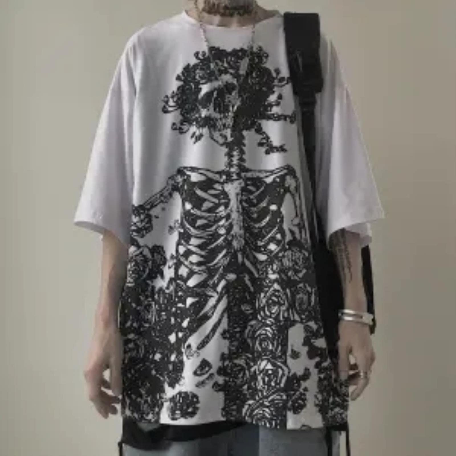 LNSIN Gothic Harajuku Skull T-shirt Korean Fashion Oversized Short Sleeve Tees Shirt Mall Goth Tops Grunge Clothes