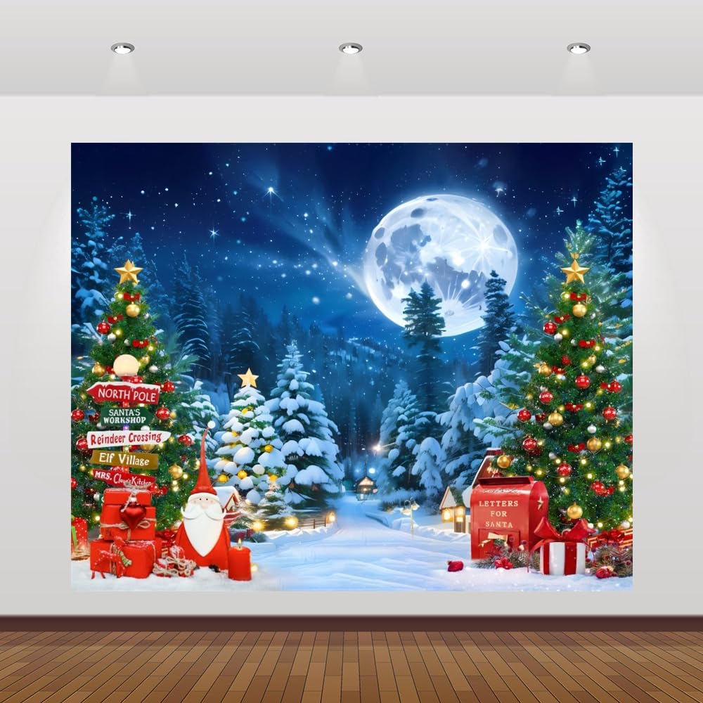 Winter Christmas Backdrop 12x10ft Wonderland Forest Pine Tree North Pole Moon Night Photography Backdrop Santa Claus Reindeer Elf Village Background