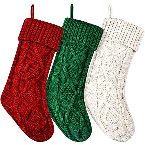 Christmas Stockings Large Knitted Xmas Stockings 18 Inches Fireplace Hanging Stockings for Family Holiday Christmas Decoration (Burgundy,Ivory,Green, 3)