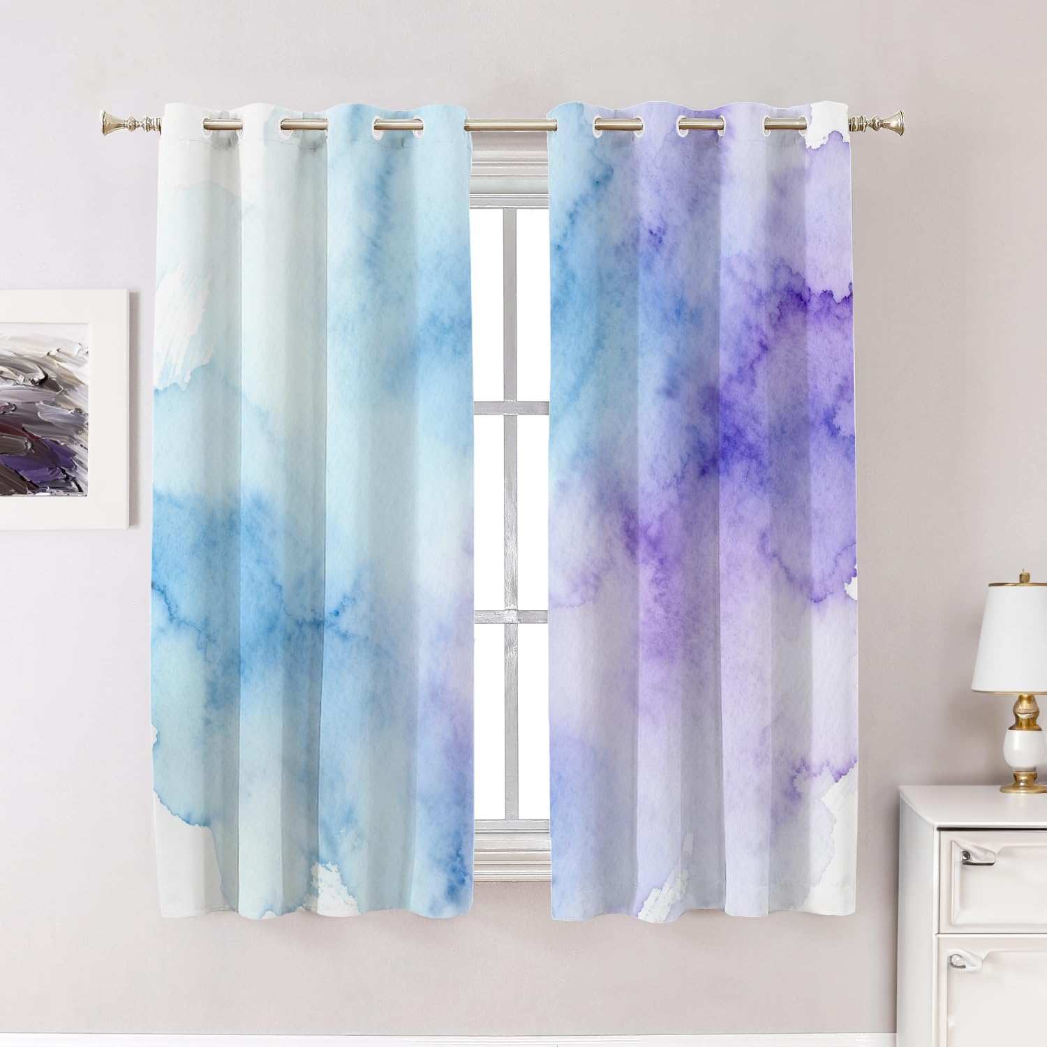 Vintage Colorful Purple Bedroom Curtains, Vintage Royal Blue Paper Parchment Background Blackout Polyester Grommet Window Treatment Drapes for Living Room, 2 Panels 52X63 Inches