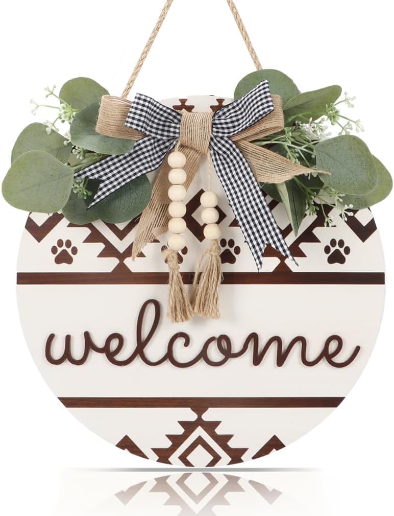 CHDITB 3D Welcome Sign Front Door,Boho Welcome Door Wreath Porch Decor,Wreath for Front Outdoor,Boho Rustic Farmhouse Sign with Artificial Leaves&Beads Home Decorations for Porch Garden Home โ image 1