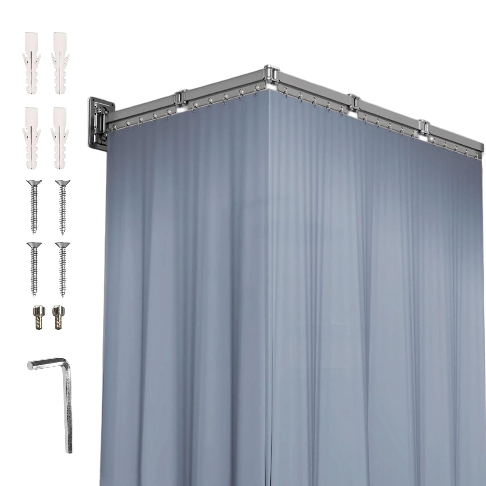 Asta pieghevole per tenda da doccia con tenda (1,5x1,8M), con foratura, asta da parete per tenda da bagno, regolabile, impermeabile, forma L/U a scala, forma dritta (asta da 154 cm, blu a 5 pieghe)