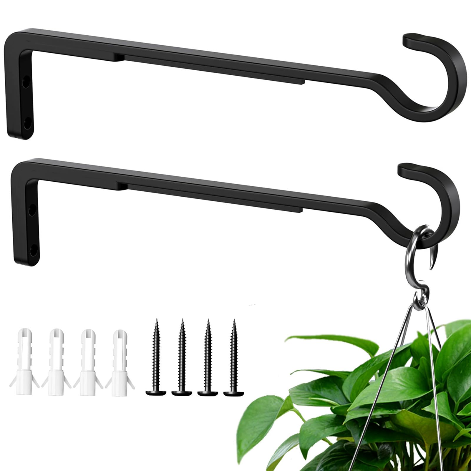 10 Inch 2 Pack Black Heavy Duty Outdoor Plant Hangers for Hanging Baskets, Iron Hanging Plant Brackets for Hanging Plants Outside, Metal Plant Hooks Plant Wall Hooks for Hanging Lantern, Bird Feeder