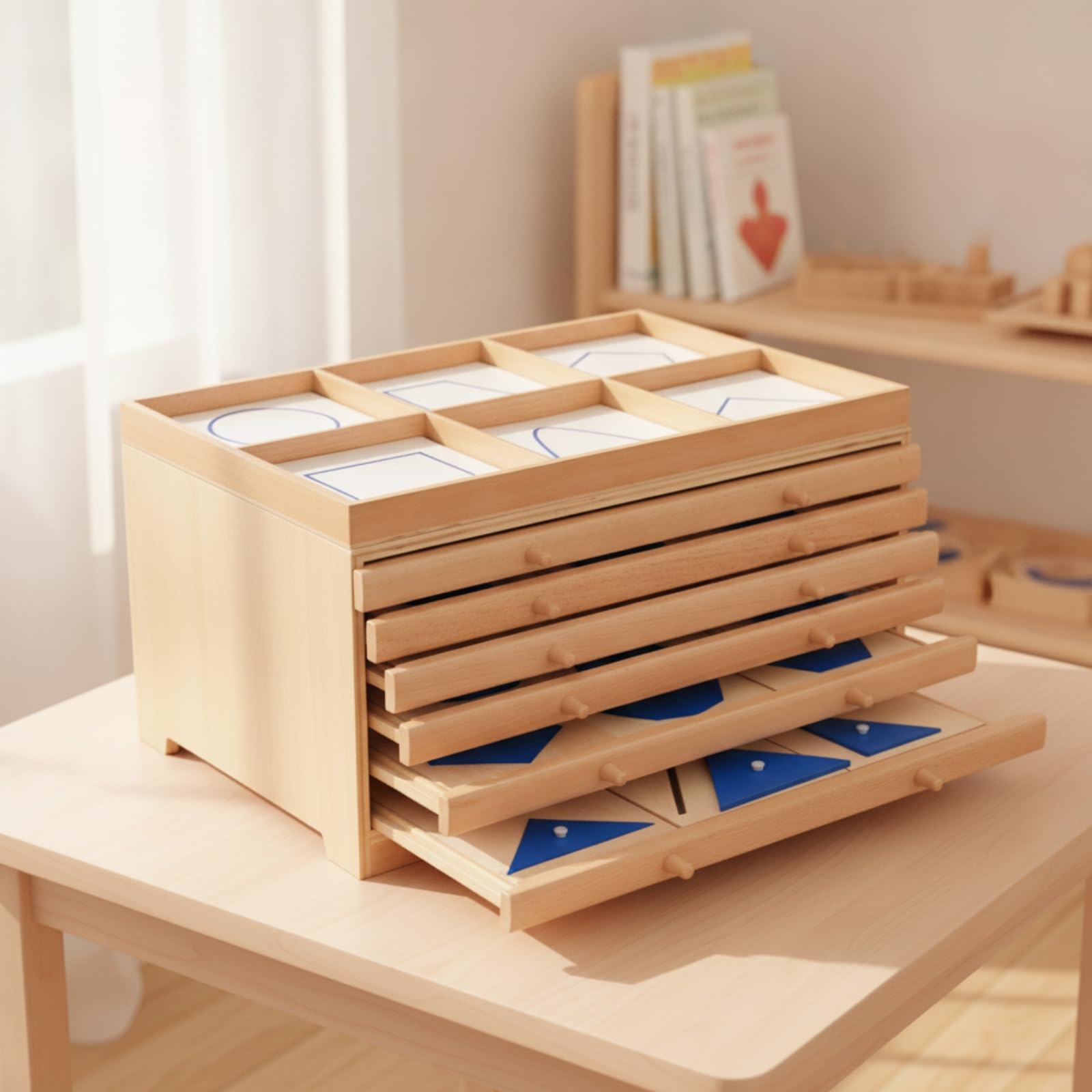 Armadietto delle Forme Geometriche Naturale Mobilino Pedagogico Logico Set di Blocchi di Legno Geometrici per Maestre, Educatori, Asilo Nido