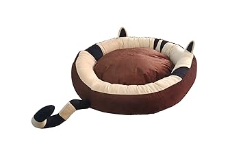 Dogerman Round Velvet Cat Ears Bed for Dogs & Cats (XL, Brown-Cream)
