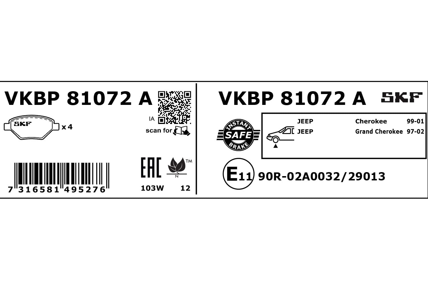 SKF Bremsbelagsatz, Scheibenbremse VKBP81072A