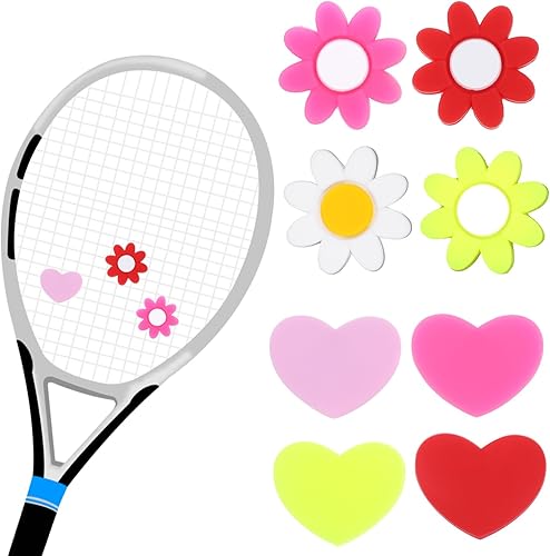 8 piezas de amortiguador de raqueta de tenis, amortiguador de tenis de silicona para raqueta, corazón y flores, accesorios de tenis para raqueta de