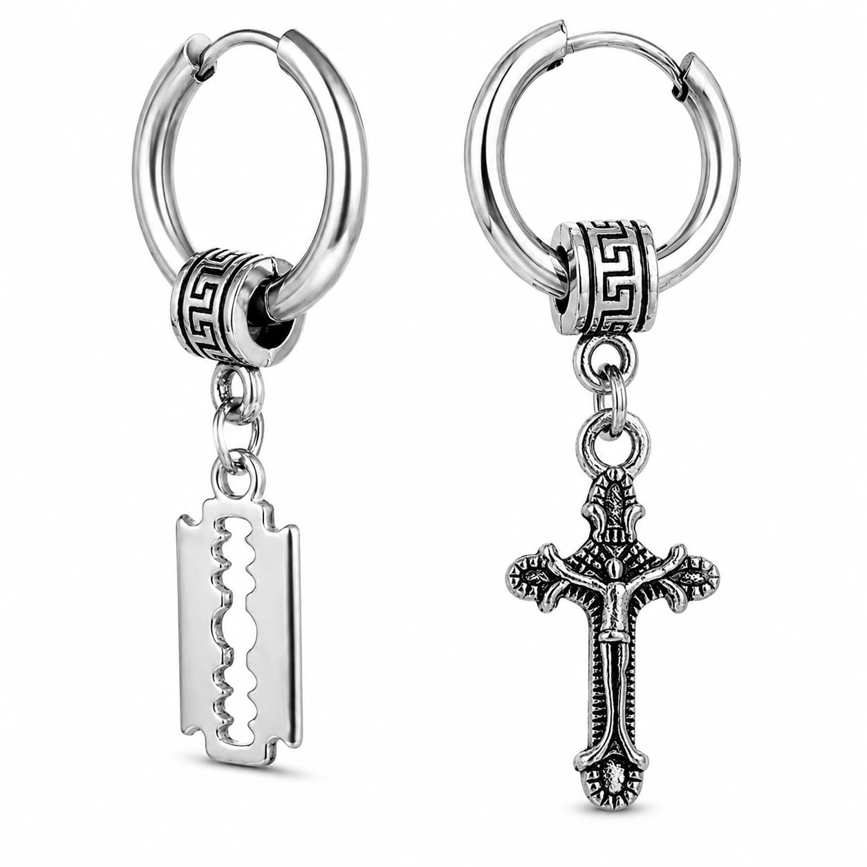 Men Razor Blade Dangle Huggie with Christ Jesus Cross Huggie Punk Titanium Steel Piercing Jewelry Silver Stainless Steel Hoop Earrings for Men and Women