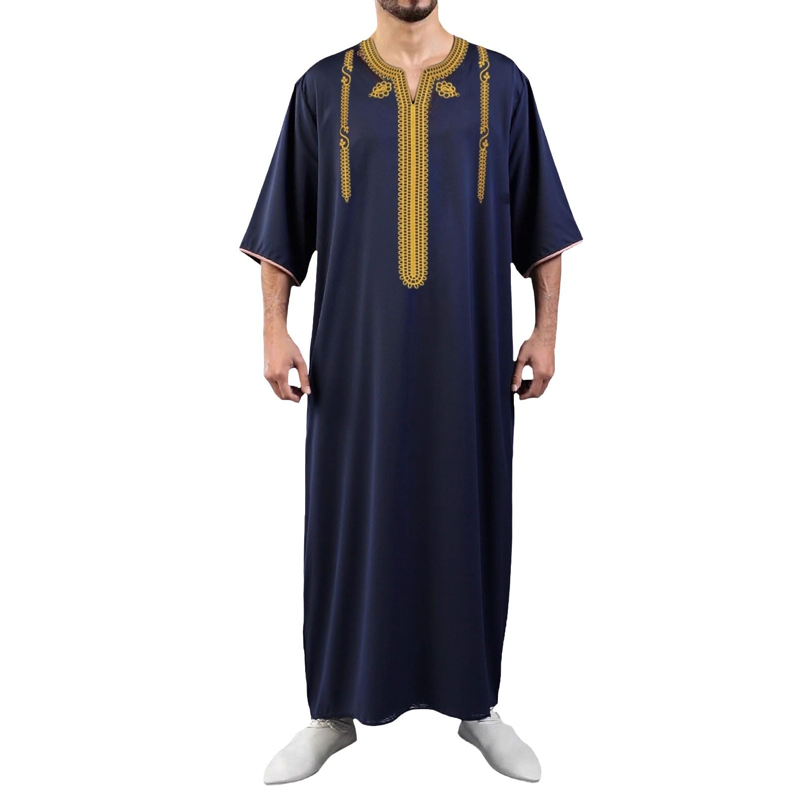 CHUNOTU - Bata musulmana bordada para hombre, estilo informal, bloque de color, cuello Thobes, transpirable, largo y étnico