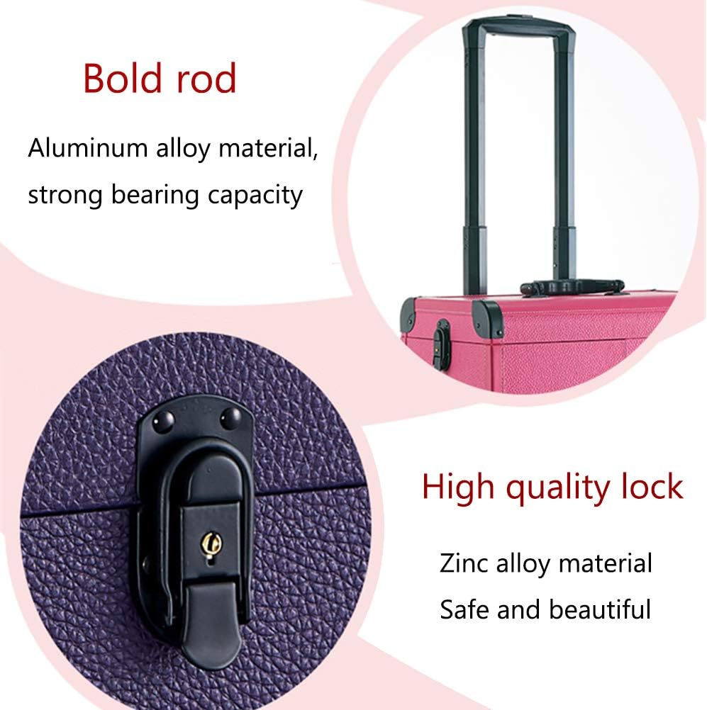 PVC Trolley Cosmetic Case Professional Large-Capacity Waterproof and Wear-Resistant with Universal Wheel Makeup Nail,Black (Pink)