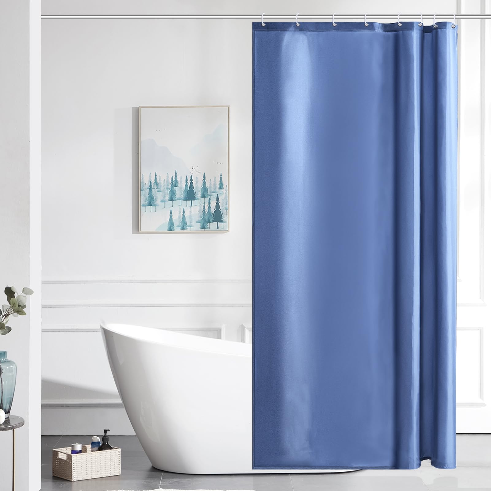 Furlinic Shower Curtain Misty Blue Anti Mould Resistant Waterproof Bathroom Curtains Washable Polyester Fabric 100x200cm with Weight Tape for Bath Wet Room 39x78 Inch