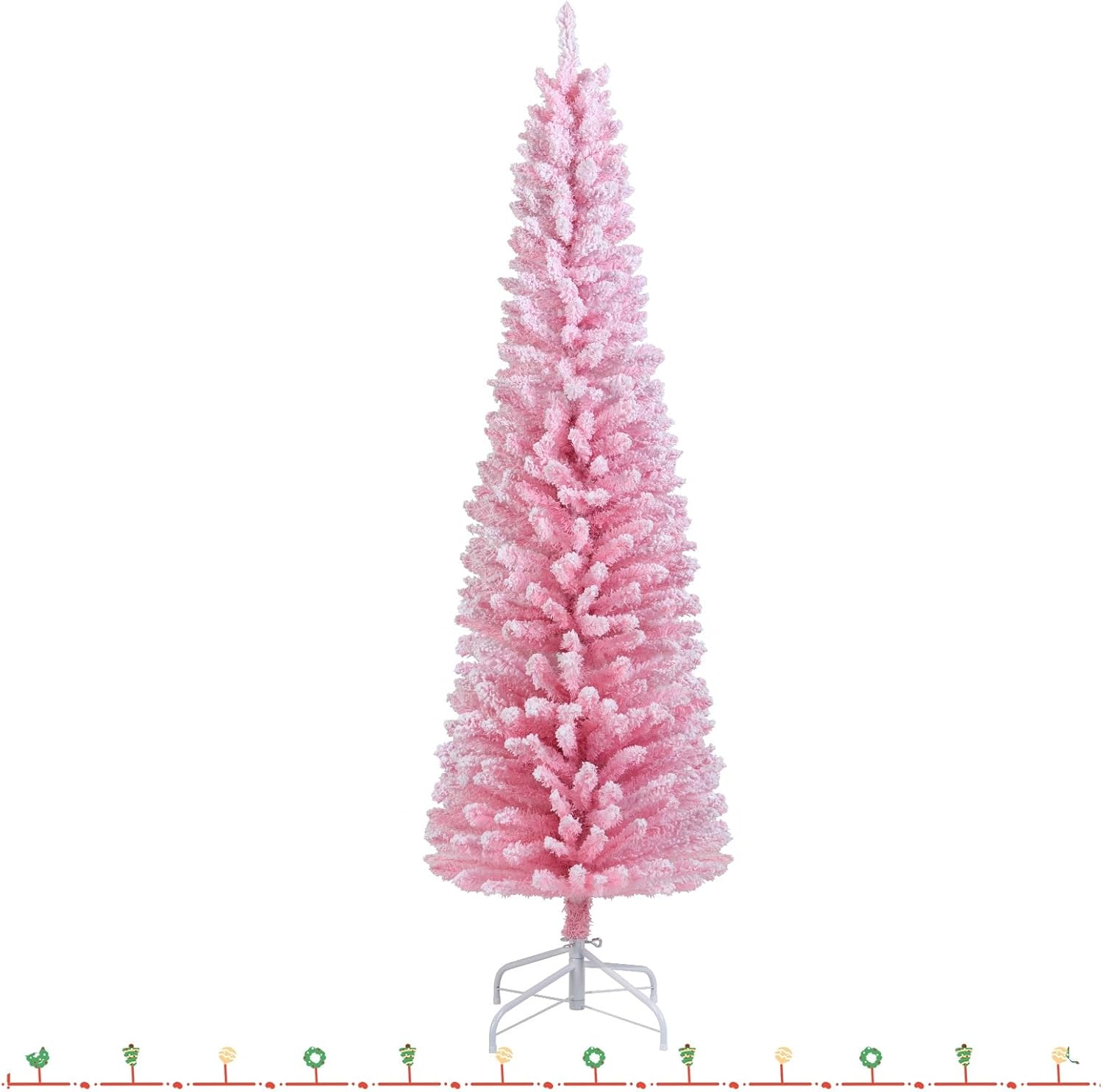 HAPPYGRILL 6 FT Unlit Flocked Pink Pencil Christmas Tree, Artificial Snow Flocked Slim Xmas Tree with 460 Branch Tips, Folding Metal Stand, Seasonal Decoration Tree for Holiday Home Office Party