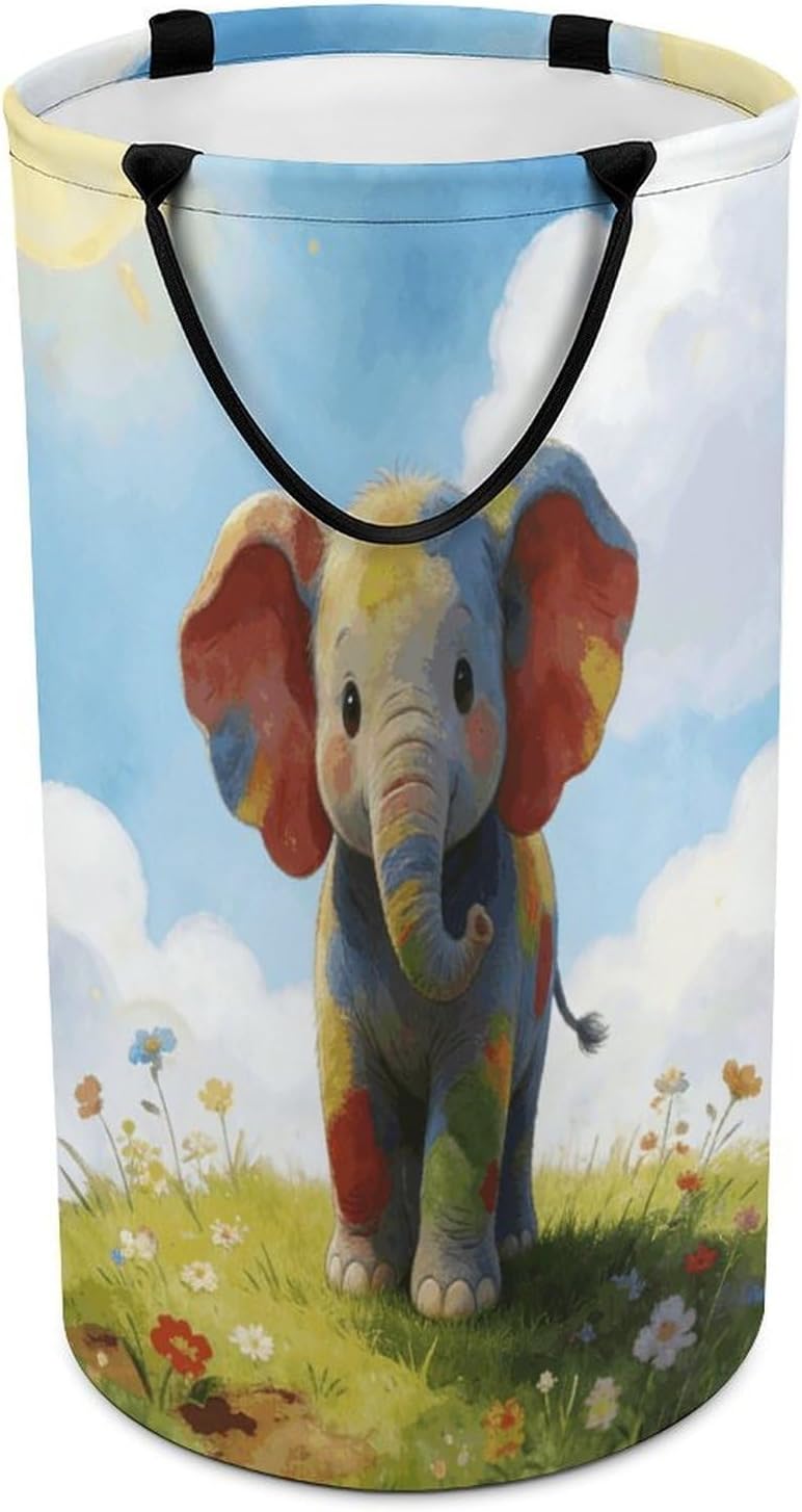 Colorful Baby Elephant Laundry Hamper 86L Waterproof Collapsible Clothes Basket with Double Handles Freestanding Foldable Laundry Basket Large Clothes Hamper for Bathroom