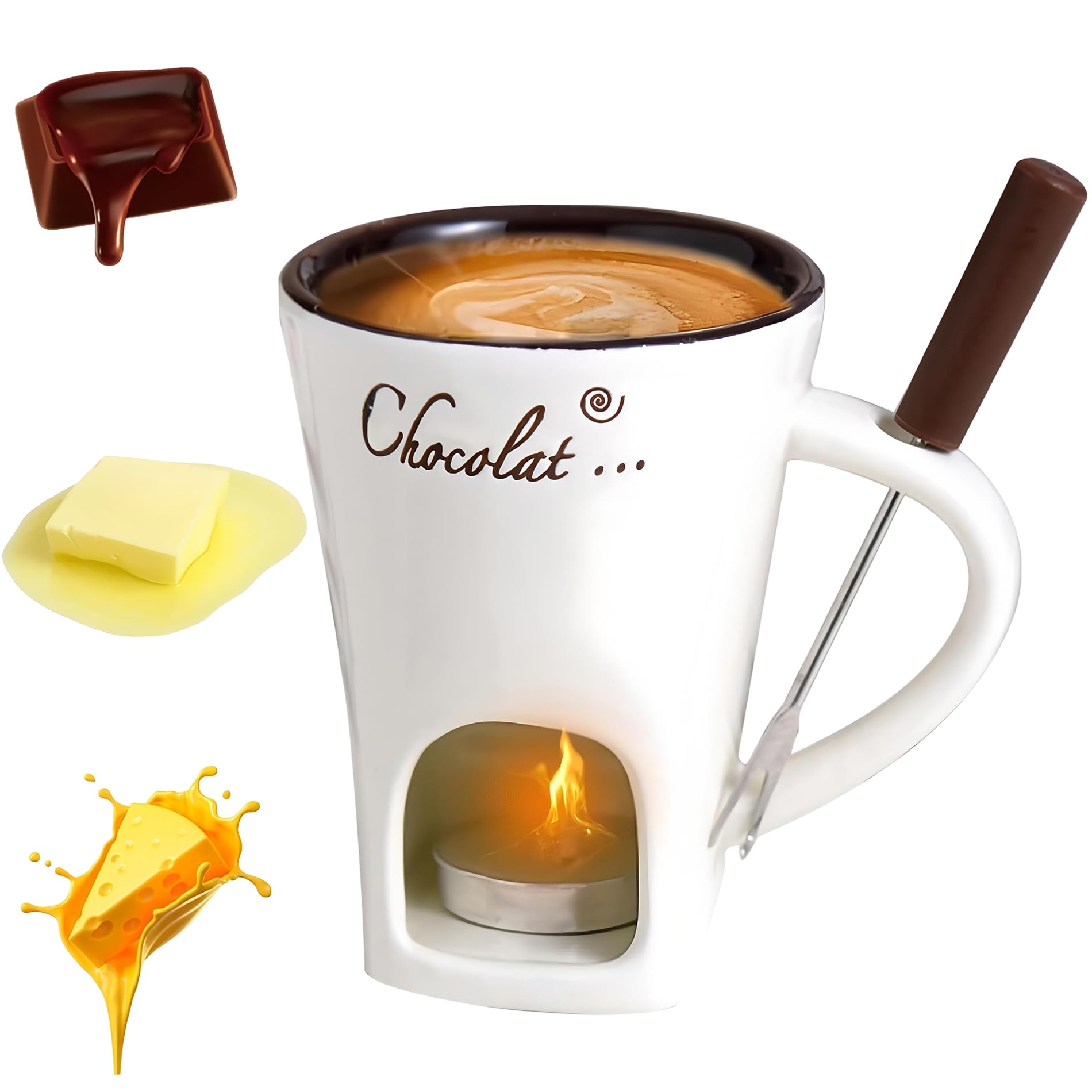 Chocolate Fondue Cup, Ceramic Coffee Chocolate Fondue Mug, Sweet Melting Cup Set with Forks, Mini Melting Fondues Pot for Date Nights Valentines Birthday Wedding (White)