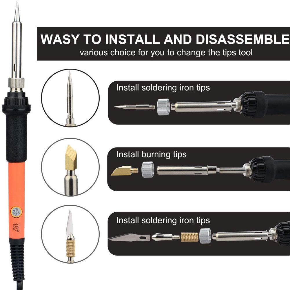 71Pcs Kit de leña ardiente de madera pirograbado Pen Tool Kit 60W con control temperatura leña pluma, grabado herramientas artesanales, consejos de soldadura, soporte, bolsa almacenamiento (naranja)