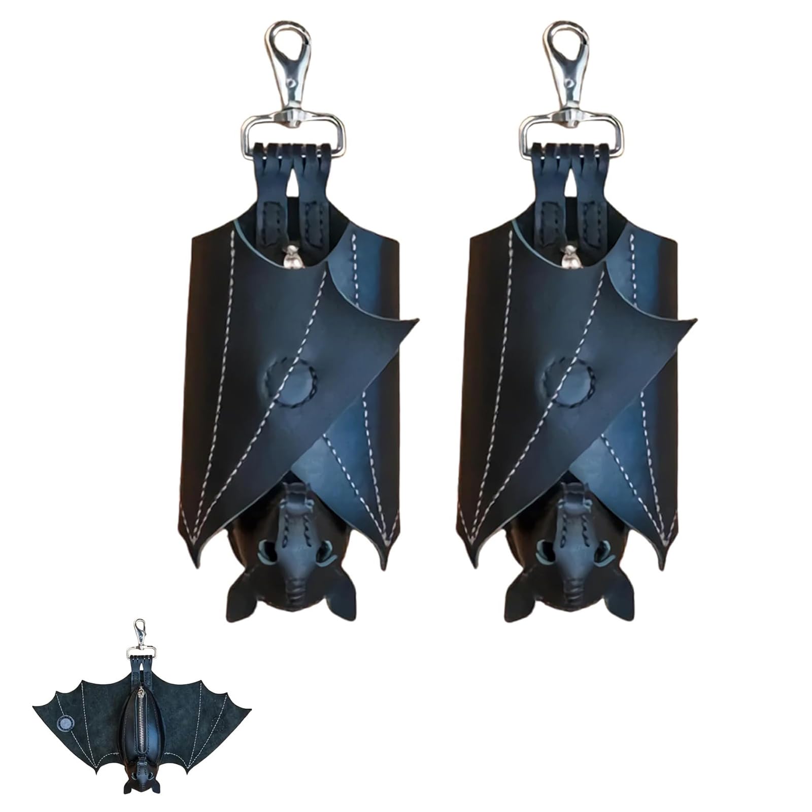 Yacriso Leather Bat Coin Purse, Handmade Folding Bat Wallet with Wings, Realistic Upside-Down Leather Suede Bat Keychain with Zipper Pocket (2pcs)
