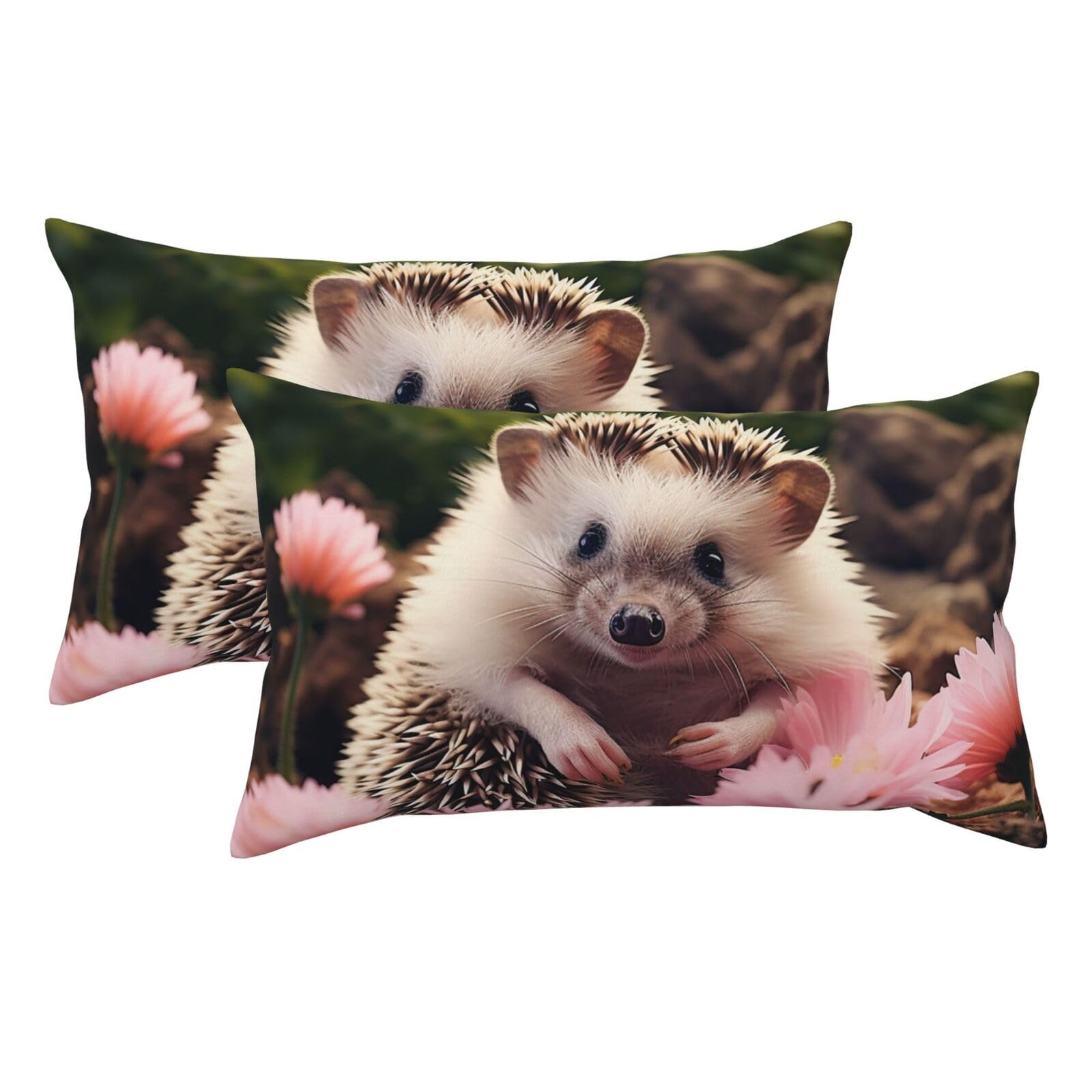 2 Pack King Pillow Cases with Hidden Zipper, Soft Breathable Pillow Covers for Hair and Skin, Cute Hedgehog in Flowers Pillowcases 20"x36" Bed Pillow Protectors Cover for Sleeping Gifts
