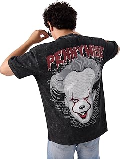 The Souled Store Official Pennywise: Time to Float Men and Boys Short Sleeve Round Neck Grey Graphic Printed Cotton Oversi...
