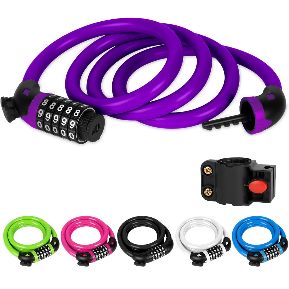 Ainiv Bike Lock, High Security 5-Digit Combination Coiling Cable Lock, 1.2mx12mm, Heavy Duty Bike Lock with Mounting Bracket, for Bike, Motorbike, Scooter, Gate, Fence, Purple