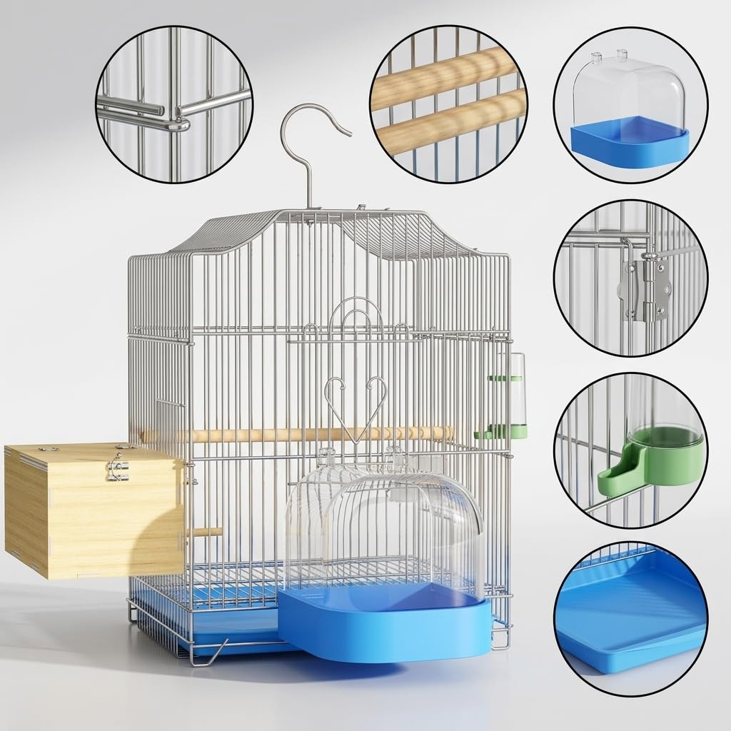 Wellensittichkäfig groß, Metallkäfig mit Zubehör und ausbruchsichem Design, vogelzubehör, Standardpaket mit Bade- und Zuchtpaket, galvanisierter Vogelkäfig (verbesserte Verdickung)